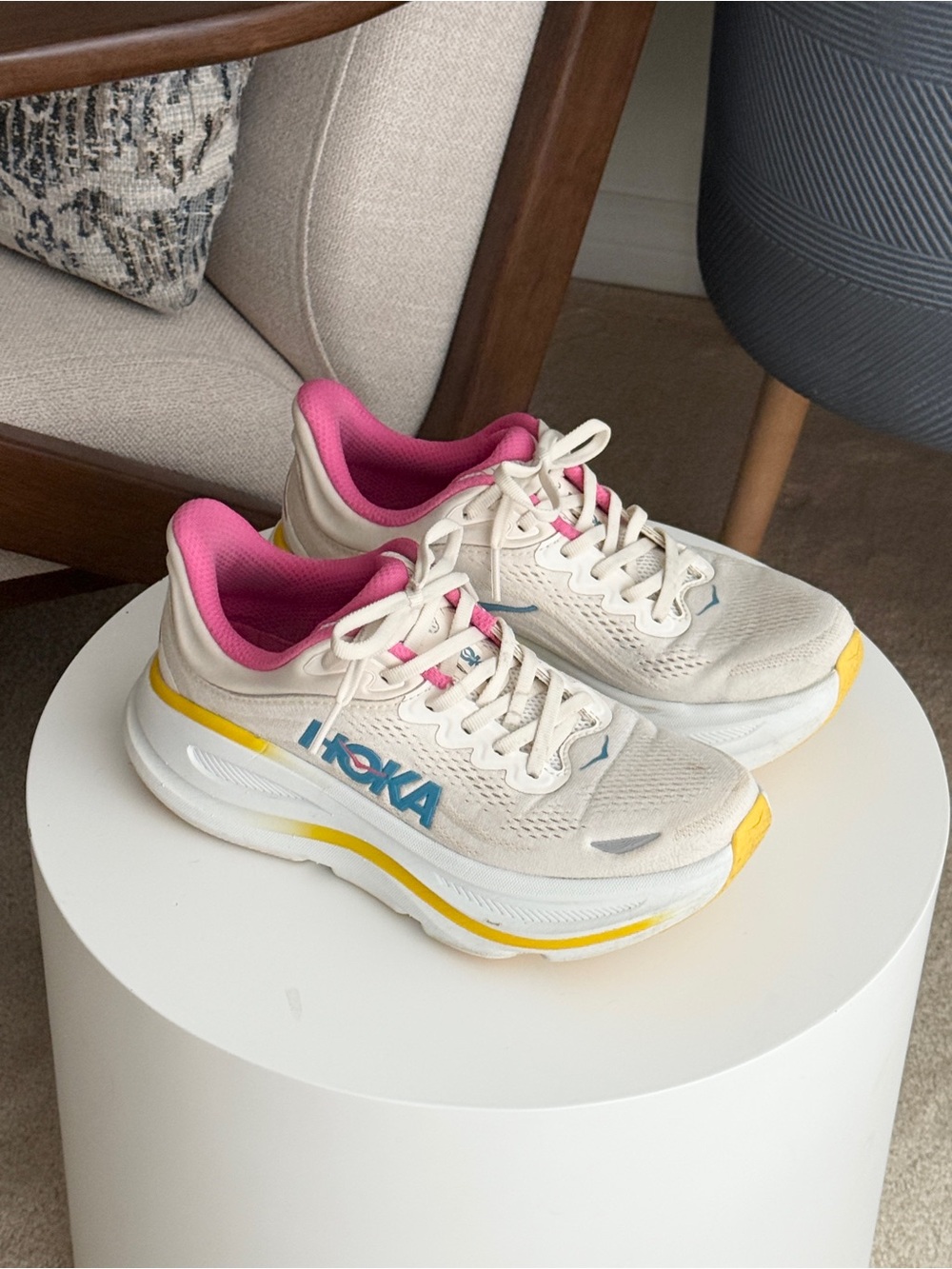 Hoka Bondi9 Women's Cream Pink Yellow Athletic Running Sneakers